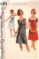 5961 SIMPLICITY 1965 EMPIRE DRESS SLEEVES, COLLAR OR NOT PATTERN 14 34"